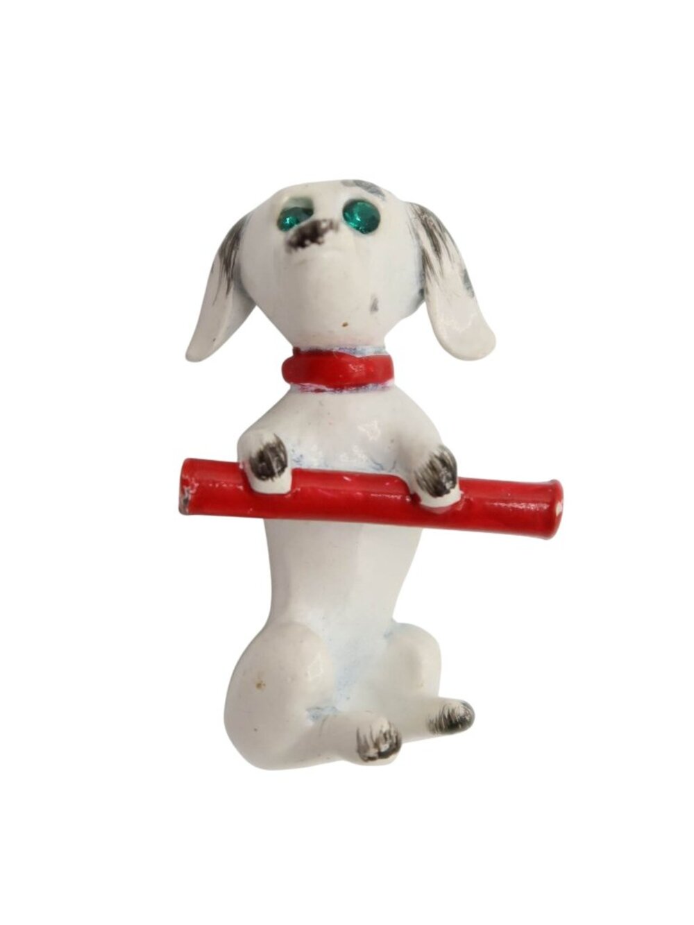 Vintage GERRYS Enamel Dog w/ Stick Figural Brooch White Red Pin Puppy Rhinestone
